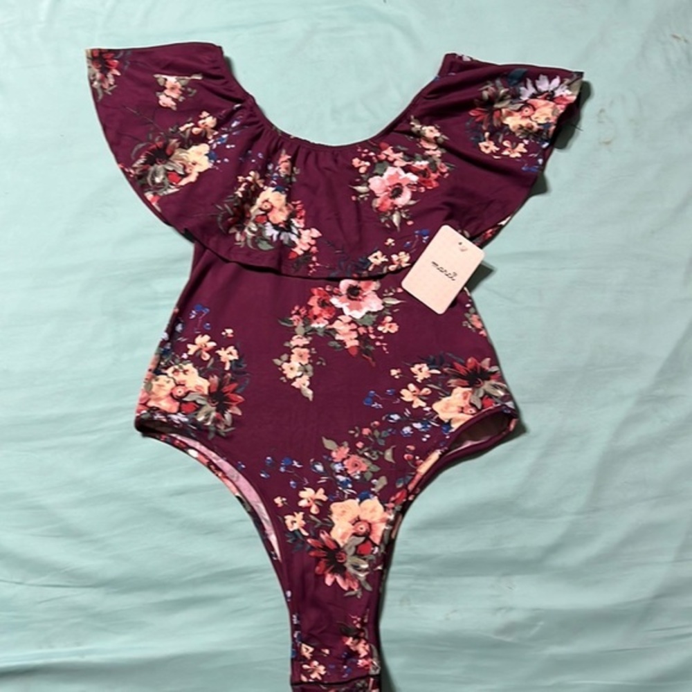 MARCI Floral maroon & pink Bodysuit size S NWT